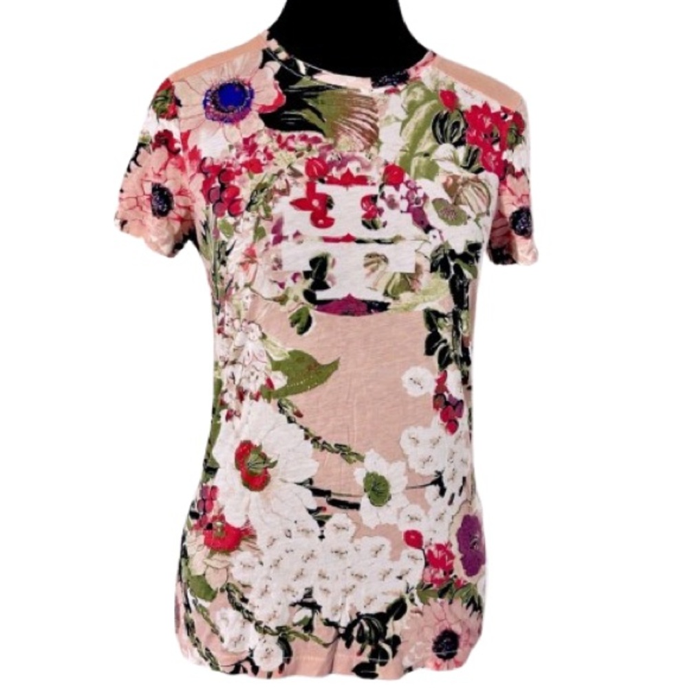 XXS TORY BURCH TEE PIMA COTTON FLORAL DESIGNER PINK PEACH BOHO COTTAGECORE LOGO
